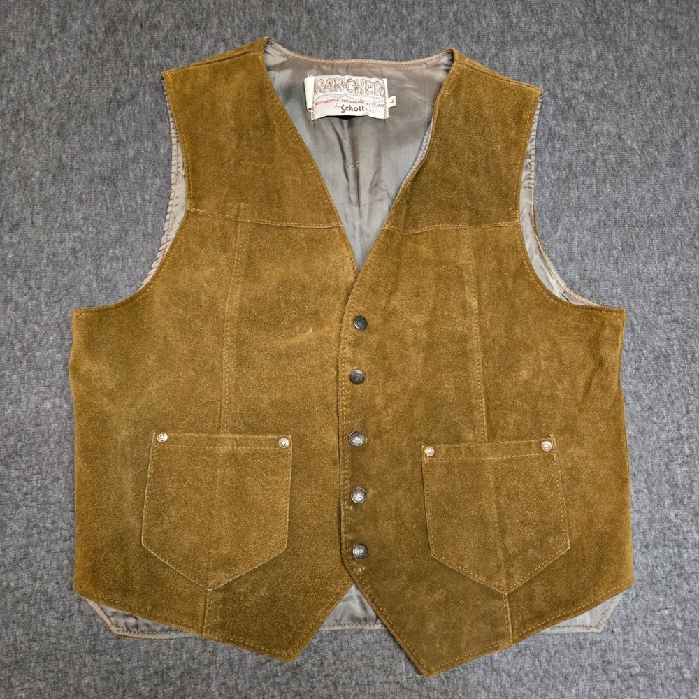 Vintage 70s Schott Rancher Vest Mens Large Brown Suede Leather Western USA Made
